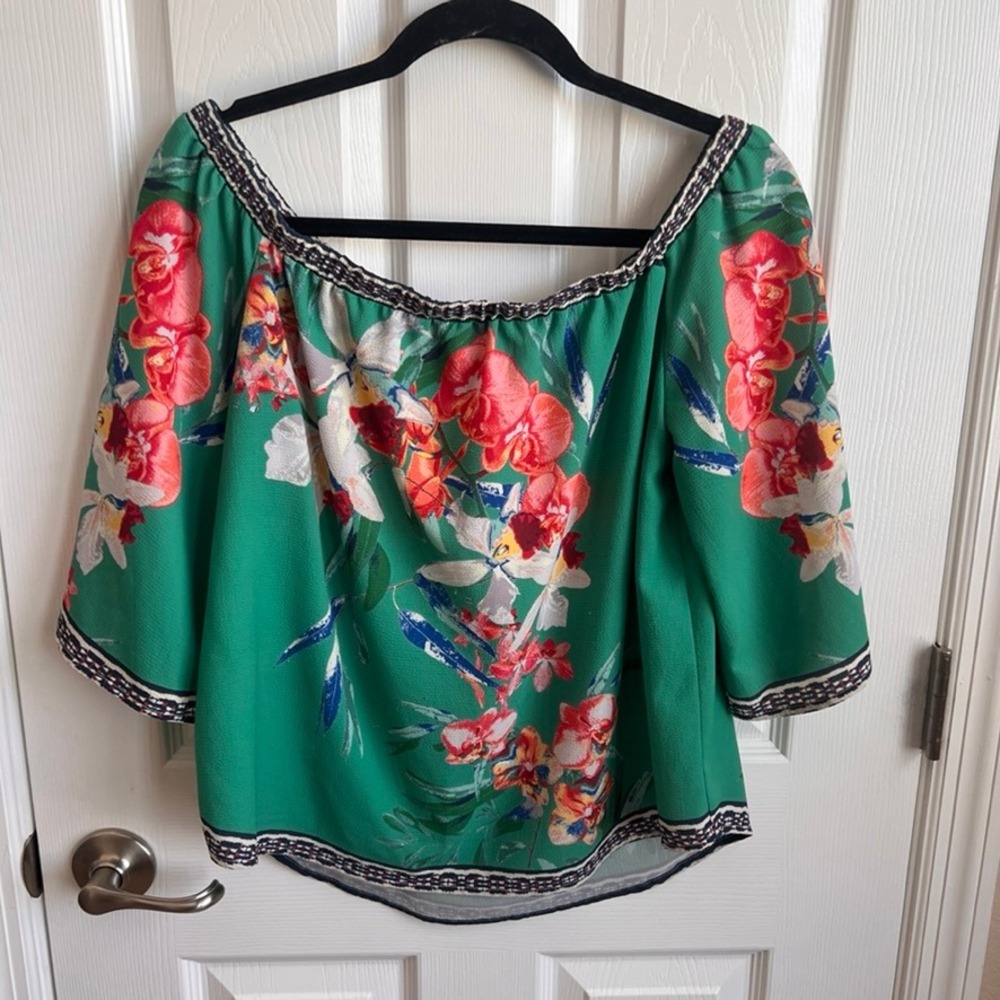 Flying Tomato Floral‎ Print Off Shoulder Blouse Top Green Medium Women
